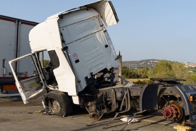 A truck damaged in an accident, parked in a parking lot.