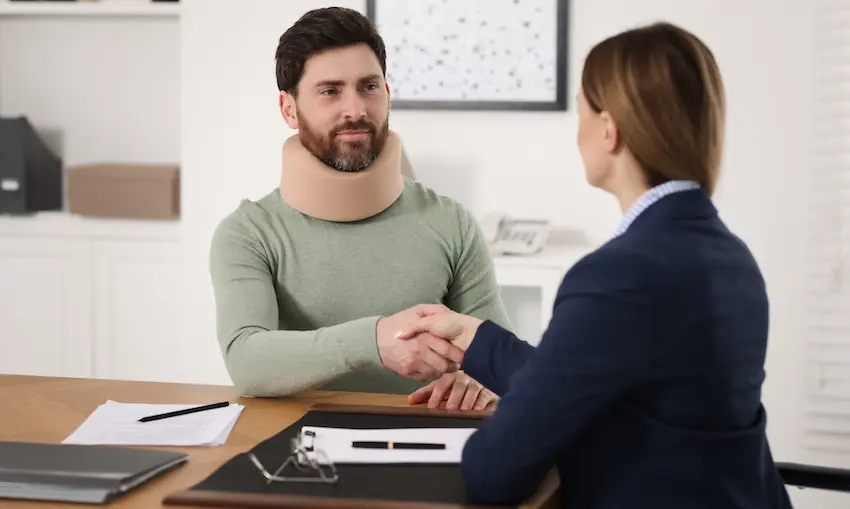 A man wearing a neck brace shakes hands with a female attorney across a desk representing an injured client retaining legal representation to pursue a premises liability claim after being hurt on someone else's property at Hartley Rowe & Fowler P.C. in Georgia.