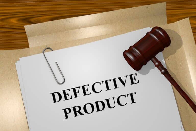 A legal case file printed with the words "Defective Product" in bold black letters is clipped together and topped with a wooden judge's gavel against a wood-grain background directly representing the litigation process involved in pursuing a defective product liability claim with Hartley Rowe & Fowler P.C.