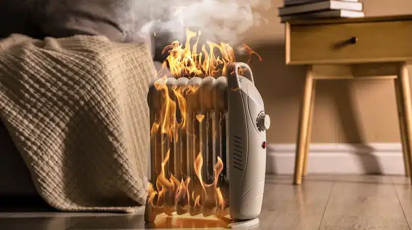 A portable space heater engulfed in flames and smoke sits on a living room floor beside a couch and nightstand capturing the serious fire hazard and property damage that a defective product can cause when it malfunctions inside a home in Georgia.