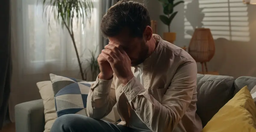 A man with short dark hair and a short beard wearing a loose beige linen button-down shirt sits hunched forward on a gray couch with patterned blue and gray throw pillows- his elbows resting on his knees and both hands clasped and pressed against his forehead and nose in a posture of deep distress and anxiety with a large leafy indoor plant slatted window blinds letting in soft light, a woven pendant lamp- and warm-toned home decor visible in the blurred background — illustrating the kind of profound emotional suffering and mental anguish that accompanies physical injury and extends a claim beyond economic damages into non-economic losses like pain and suffering in Georgia.